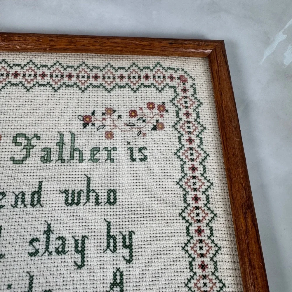 Vintage 1985 Finished Cross Stitch A Father is a Friend Poem Framed Father's Day